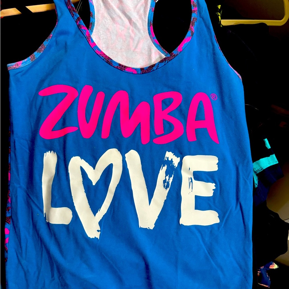 Zumba Blue Tank Top with Pink and White Print